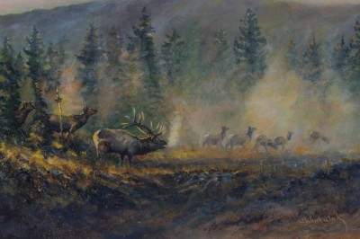 Indian Pond Elk. Painting size 22.5" x 14.5". Framed size 30" x 22". Price = $1500