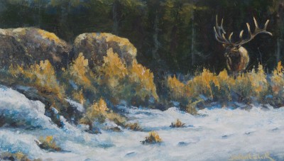 Elk tracks? Not sure what made the tracks in front of this majestic creature, but would have loved to find out. Painting size 14.5" x 8.5". Framed size 20" x 14". Price = $1100.