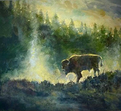Norris Geyser Basin Bison. Painting size 9" x 11". Framed size 17" x 20". Price = $1000