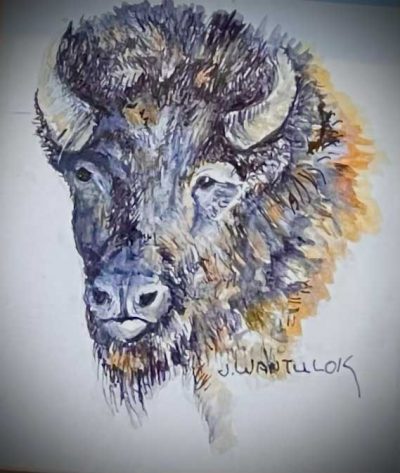 Bison. Painting size 4" x 4". Framed size 7" x 7". Price = $400