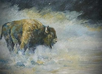Bison in the mist. Painting size 5" x 7". Framed size 13" x 15". Price = $1000