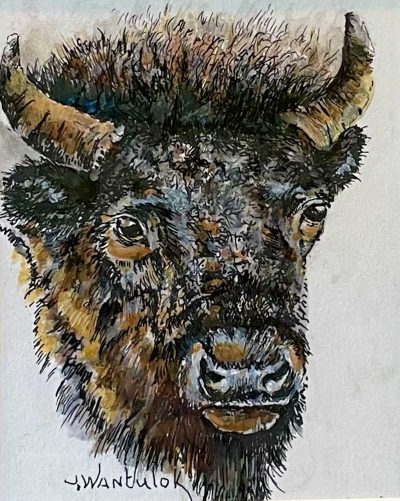 Bison - Painting size 4" x 4". Framed size 4" x 4". Price = $400