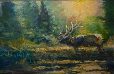 Elk by the Fire hole rive in Yellowstone. Painting size 5" x 8". Framed size 11" x 14". Price = $700