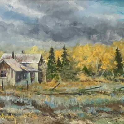 Classic Eastern Montana windbreak scene. Painting size 14" x 8". Framed 20" x 14". Price = $900