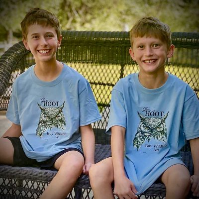 Kids T-Shirts - Give a Hoot - Buy Wildlife Art. We have all sizes available. Light blue and white. Price =$30