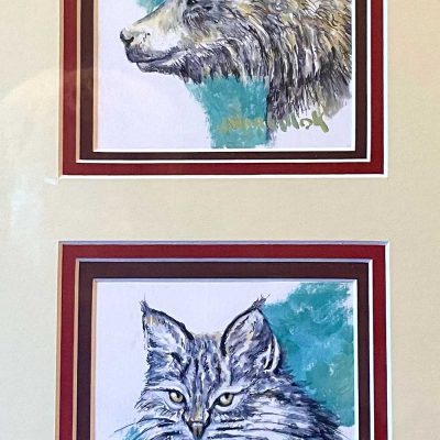 Bobcat vs Grizzly 3. Individual image size 5" x5". Framed Size 14" x 20". Painting cost $800